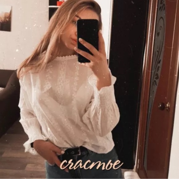 Embroidery floral blouse white lantern sleeve womens vintage style - Picture 2 of 8